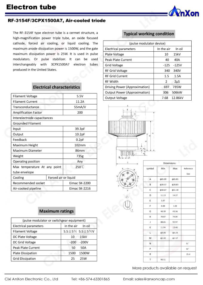 Pulsed Modulator tube RF3154F 3CPX1500A7 Forced air or liquid triode